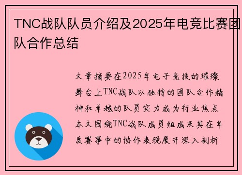 TNC战队队员介绍及2025年电竞比赛团队合作总结
